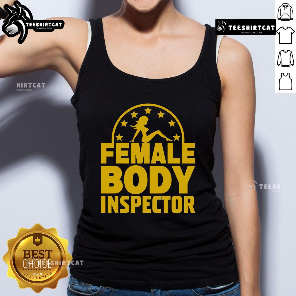 Good Kash Patel wearing a female body inspector tank top, showcasing a fun and playful graphic design.