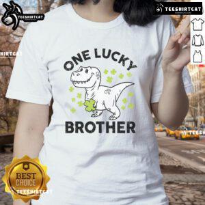 Good St. Patrick's Day One Lucky Brother Dinosaur Irish Ladies Tee featuring a playful dinosaur in festive green attire.