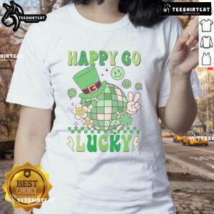 Happy-go-lucky groovy shamrock St. Patrick's Day ladies tee featuring a vibrant design perfect for festive celebrations.