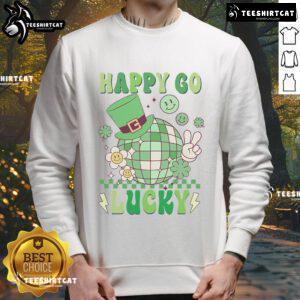 Happy-Go-Lucky Groovy Shamrock St. Patrick's Day sweatshirt featuring a vibrant green design and playful shamrock graphics.