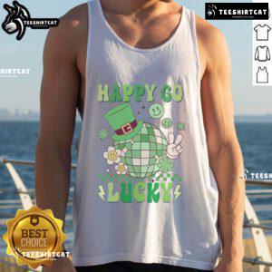 Happy-Go-Lucky Groovy Shamrock St. Patrick's Day tank top featuring a vibrant green shamrock design for festive celebrations.
