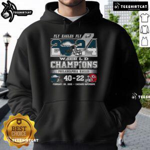 Alt Text: 2024 World Champions Philadelphia Eagles hoodie featuring 'Hot Fly Eagles Fly' design in team colors.