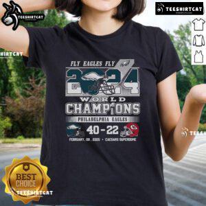 Hot Fly Eagles Fly 2024 World Champions Philadelphia Eagles ladies tee showcasing team pride and vibrant colors.