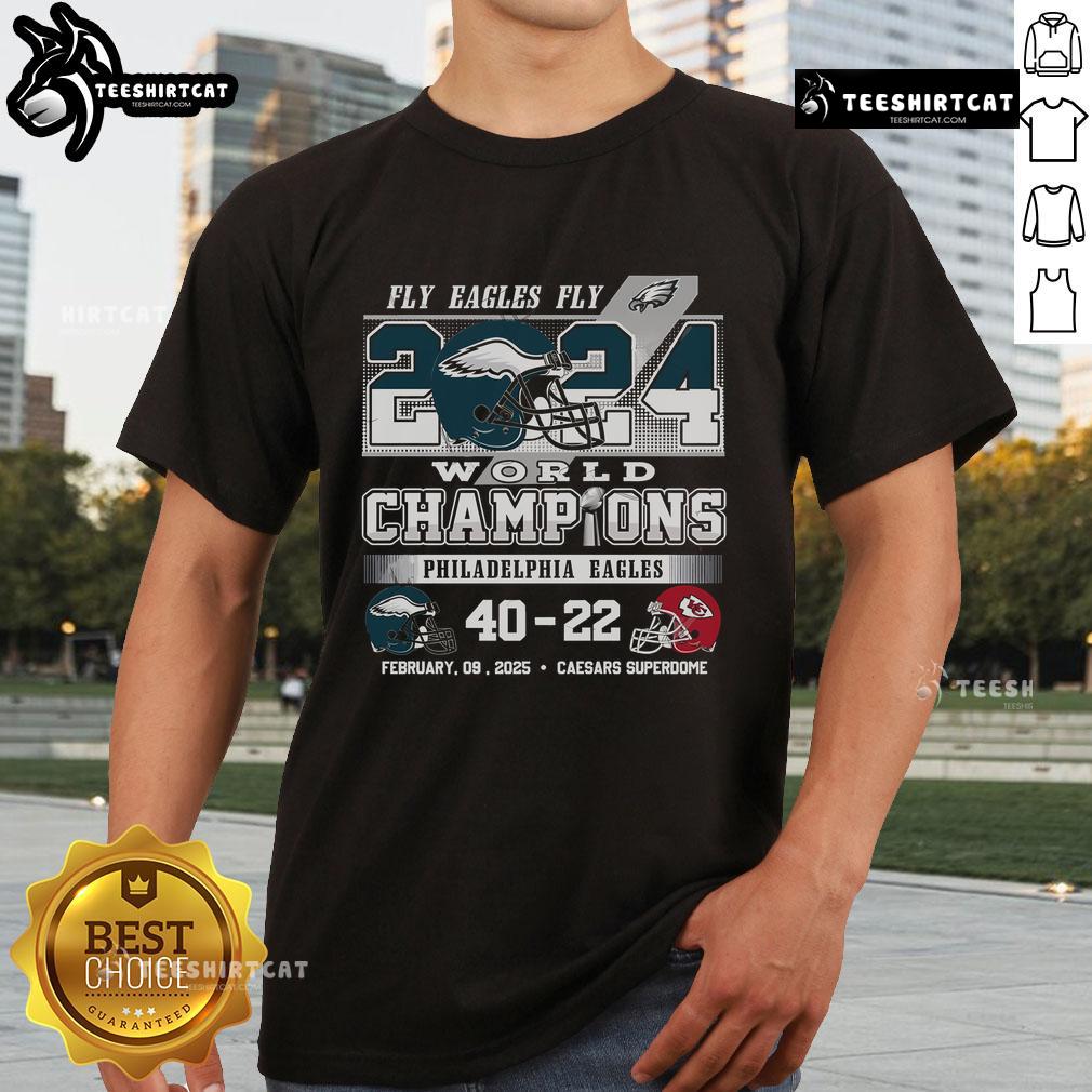 Alt Text: 2024 World Champions Philadelphia Eagles T-Shirt featuring 'Hot Fly Eagles Fly' design, perfect for fans.