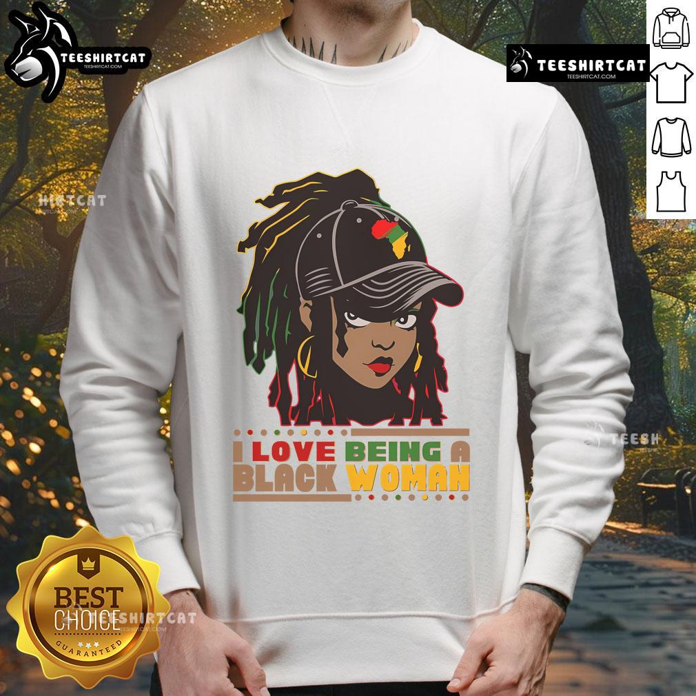 Black woman wearing 'Hot, I Love Being A Black Woman' sweatshirt celebrating Black History Month with pride.