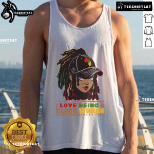 Black woman wearing a 'Hot I Love Being A Black Woman' tank top, celebrating Black History with pride and style.