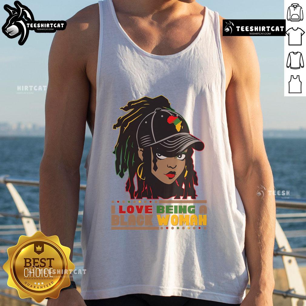 Black woman wearing a 'Hot I Love Being A Black Woman' tank top, celebrating Black History with pride and style.