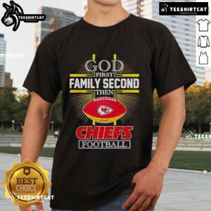 Hot NFL God First Family Second Kansas City Chiefs Football 2025 T-Shirt featuring vibrant team colors and logo design.