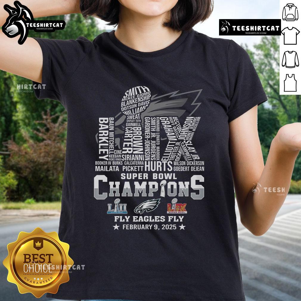 Hot Philadelphia Eagles 2025 Super Bowl LIX Champions ladies tee featuring 'Fly Eagles Fly' design.