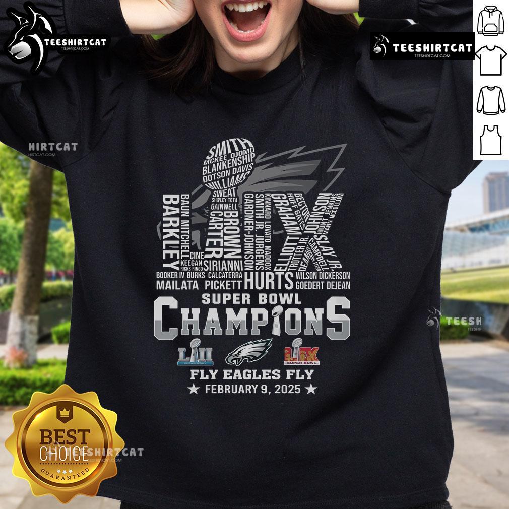 Hot Philadelphia Eagles 2025 Super Bowl LIX Champions sweatshirt featuring 'Fly Eagles Fly' design, perfect for fans.