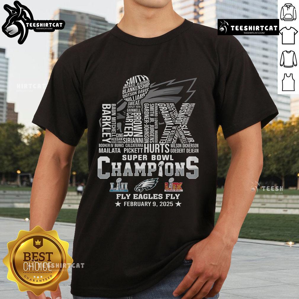 Alt Text: Hot Philadelphia Eagles 2025 Super Bowl LIX Champions Fly Eagles Fly T-Shirt design featuring vibrant team colors.