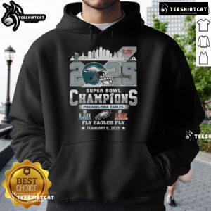 Hot Philadelphia Eagles Super Bowl Champions 2025 hoodie featuring Eagles Fly celebration design.
