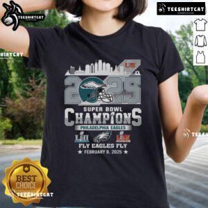 Hot Philadelphia Eagles Super Bowl Champions 2025 celebration ladies tee featuring vibrant team graphics and design.