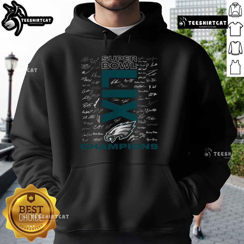 Hot Philadelphia Eagles Super Bowl LIX Champions roster autograph signing hoodie featuring team logo and player signatures.