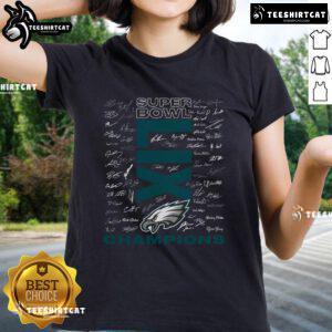 Hot Philadelphia Eagles Super Bowl LIX Champions Roster autograph signing ladies tee with vibrant team graphics.