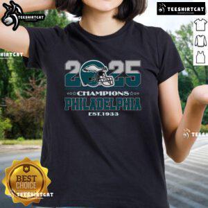 Alt Text: 2025 Super Bowl Champions Philadelphia Eagles Ladies Tee, established 1933, featuring team logo and vibrant design.