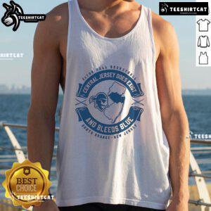Seton Hall basketball tank top featuring 'Nice Central Jersey Does Exist and Bleeds Blue' design, perfect for fans.