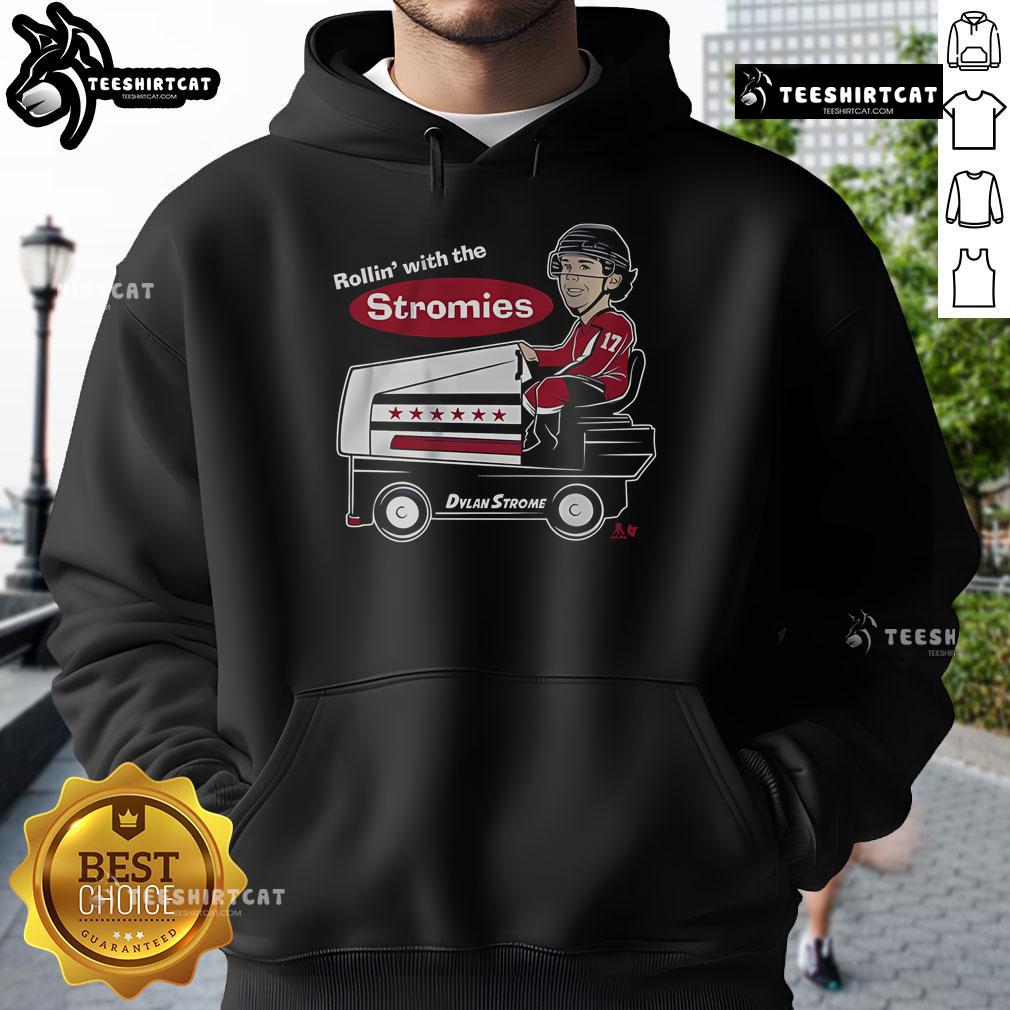 Nice Dylan Strome wearing a stylish 'Rollin with the Stromies' hoodie, showcasing team spirit and fashion.