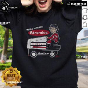 Alt Text: Dylan Strome wearing a stylish 'Rollin with the Stromies' sweatshirt, perfect for fans of the NHL star.