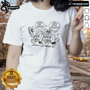 Women wearing 'Eat the Rich and Spit Out the Poison' tee, showcasing bold graphic design and empowering message.