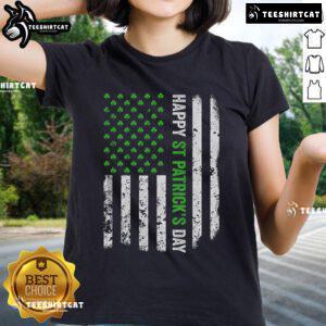 Distressed Irish American flag design on a ladies tee for a happy St. Patrick's Day celebration.