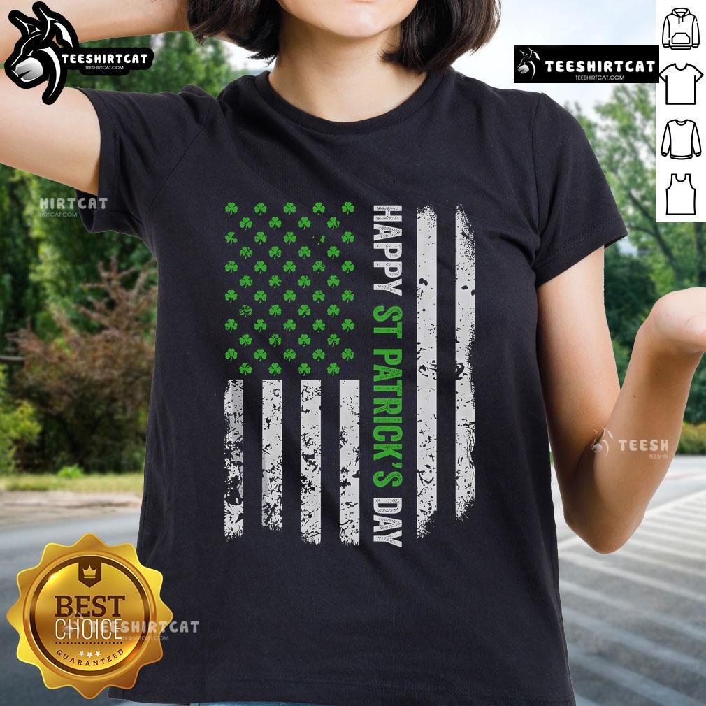 Distressed Irish American flag design on a ladies tee for a happy St. Patrick's Day celebration.