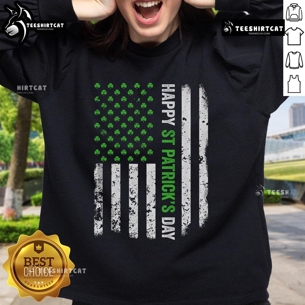 Distressed Irish American flag sweatshirt for a happy St. Patrick's Day celebration, perfect for festive attire.