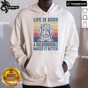 Vintage dog hoodie featuring a golden doodle with the phrase 'Life is Good' for dog lovers and fashion enthusiasts.