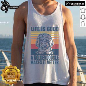 Vintage dog tank top with a golden doodle design; 'Life is Good' slogan for dog lovers and stylish pet apparel.