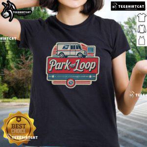 Postal worker delivering mail in a nice park, showcasing the Nice Park and Loop Letter Carrier Tee design.