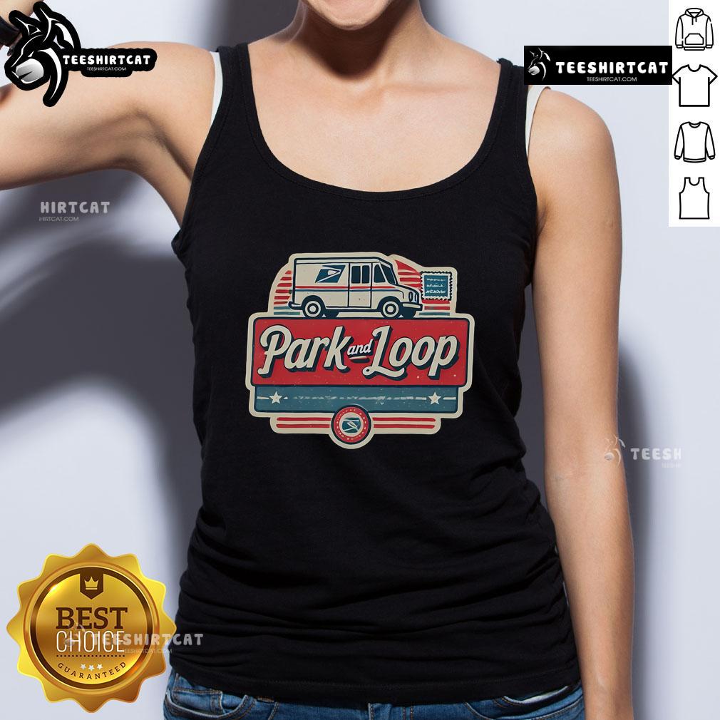 Postal worker in a tank top delivers mail in a park with a truck, showcasing dedication and community service.