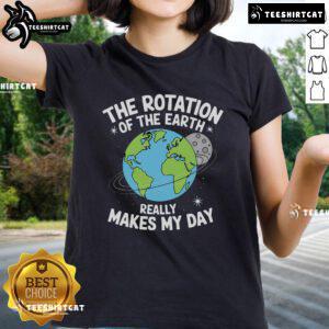 Earth Day Ladies Tee featuring a vibrant design celebrating the rotation of the Earth and environmental awareness.