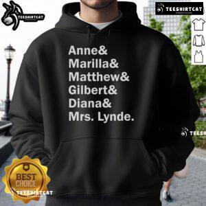 Official Anne of Green Gables character list hoodie featuring L.M. Montgomery's beloved characters in vibrant design.