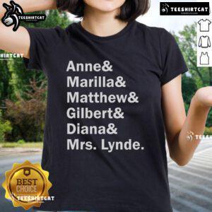 Official Anne of Green Gables character list graphic on a ladies tee by L.M. Montgomery, showcasing beloved characters.