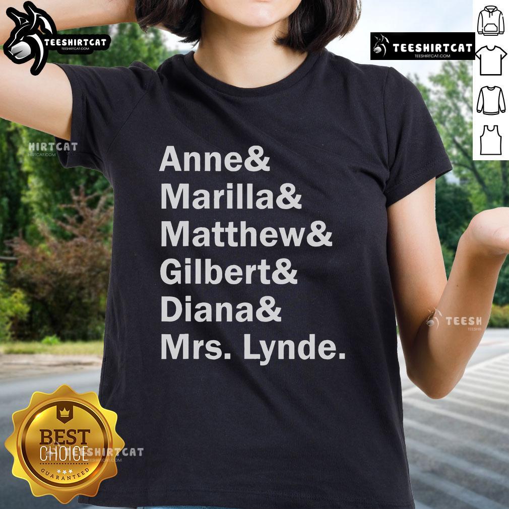 Official Anne of Green Gables character list graphic on a ladies tee by L.M. Montgomery, showcasing beloved characters.
