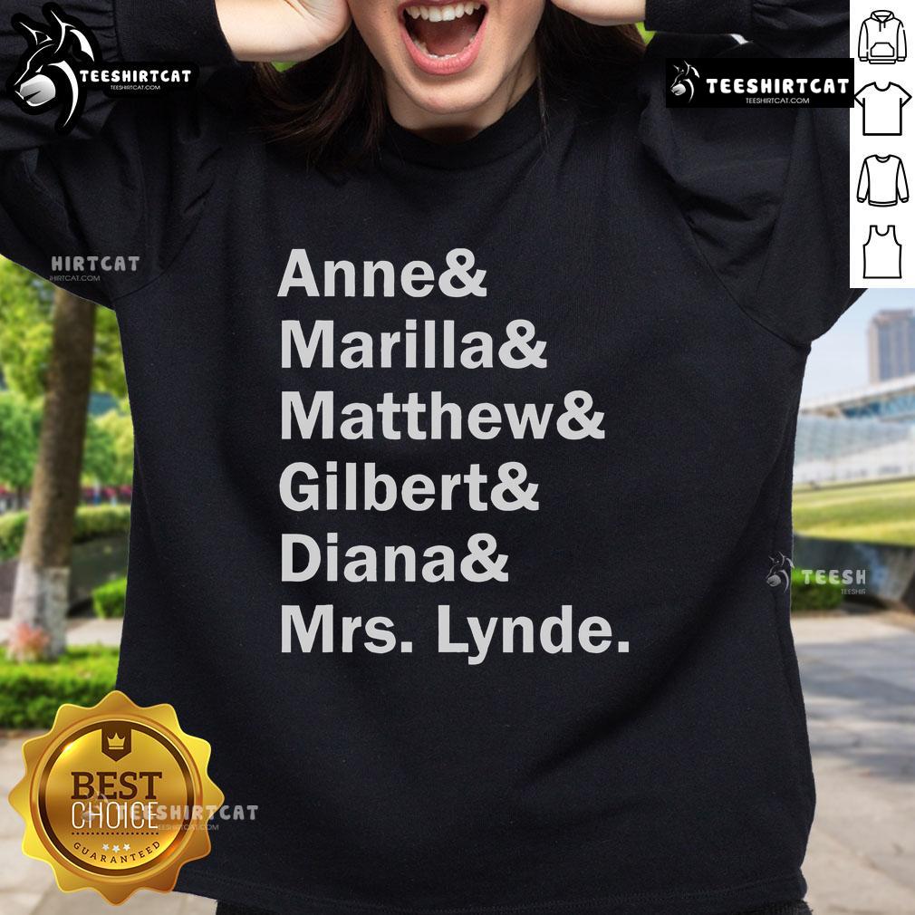 Cozy sweatshirt featuring 'Official Anne of Green Gables Character List' by L.M. Montgomery, perfect for fans and book lovers.