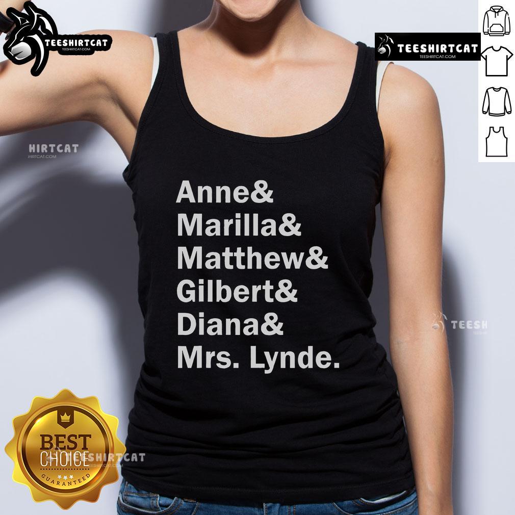 Official Anne of Green Gables character list tank top featuring L.M. Montgomery's beloved characters in vibrant design.