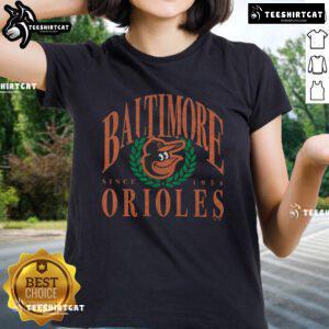 Official Baltimore Orioles Pitchout Since 1954 Ladies Tee in black, showcasing team pride and vintage style.