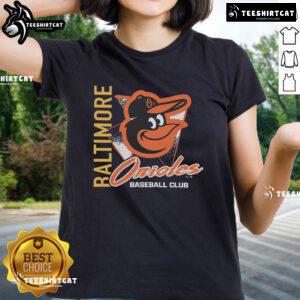 Official Baltimore Orioles Side Arm Baseball Club Ladies Tee featuring team logo and stylish design for female fans.