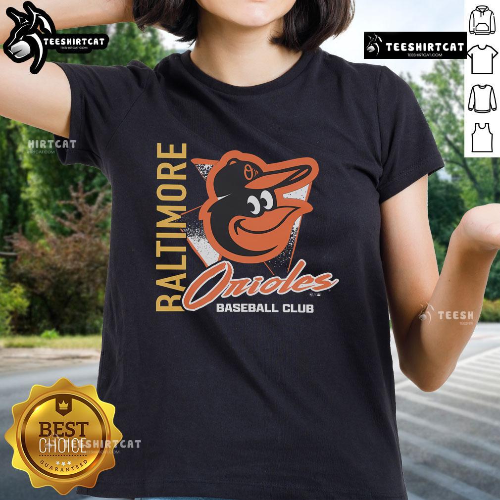 Official Baltimore Orioles Side Arm Baseball Club Ladies Tee featuring team logo and stylish design for female fans.