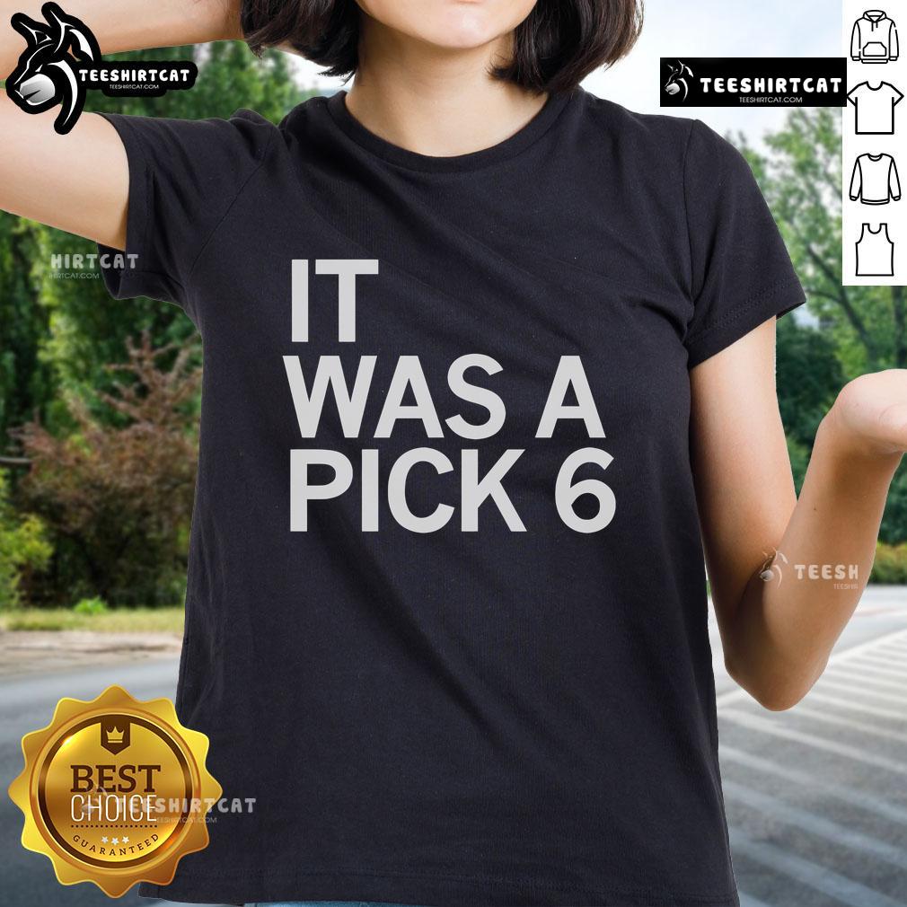Alt Text: Official Cooper DeJean It Was A Pick Six Ladies Tee featuring bold graphics and comfortable fit for fans.