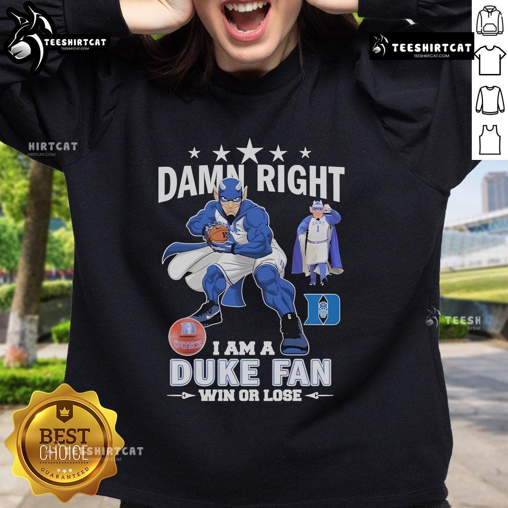 Alt Text: Duke Blue Devils fan sweatshirt featuring mascot design, perfect for showing team spirit win or lose.