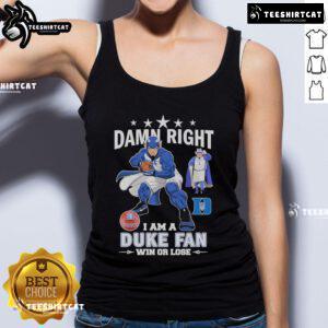 Alt Text: Duke Blue Devils fan wearing a tank top featuring 'Damn Right I Am A Duke Blue Devils Fan' mascot design.