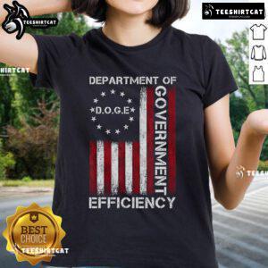 Official Doge DOGE Department of Government Efficiency flag design on a women's tee, featuring vibrant colors and playful graphics.