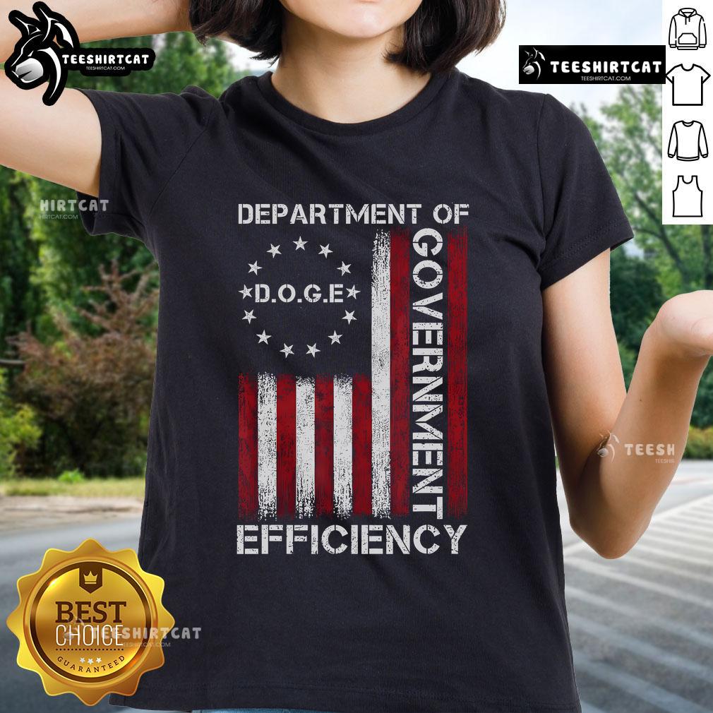 Official Doge DOGE Department of Government Efficiency flag design on a women's tee, featuring vibrant colors and playful graphics.