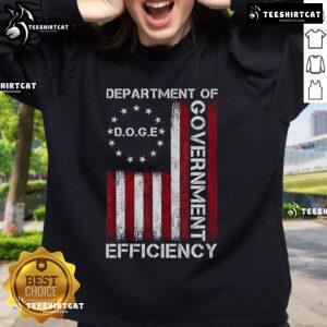 Official Doge DOGE Department of Government Efficiency flag sweatshirt featuring vibrant colors and unique design.