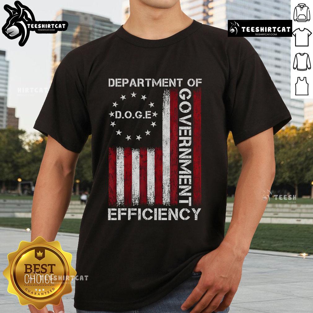 Official Doge Doge Department of Government Efficiency flag t-shirt featuring vibrant colors and a playful design.