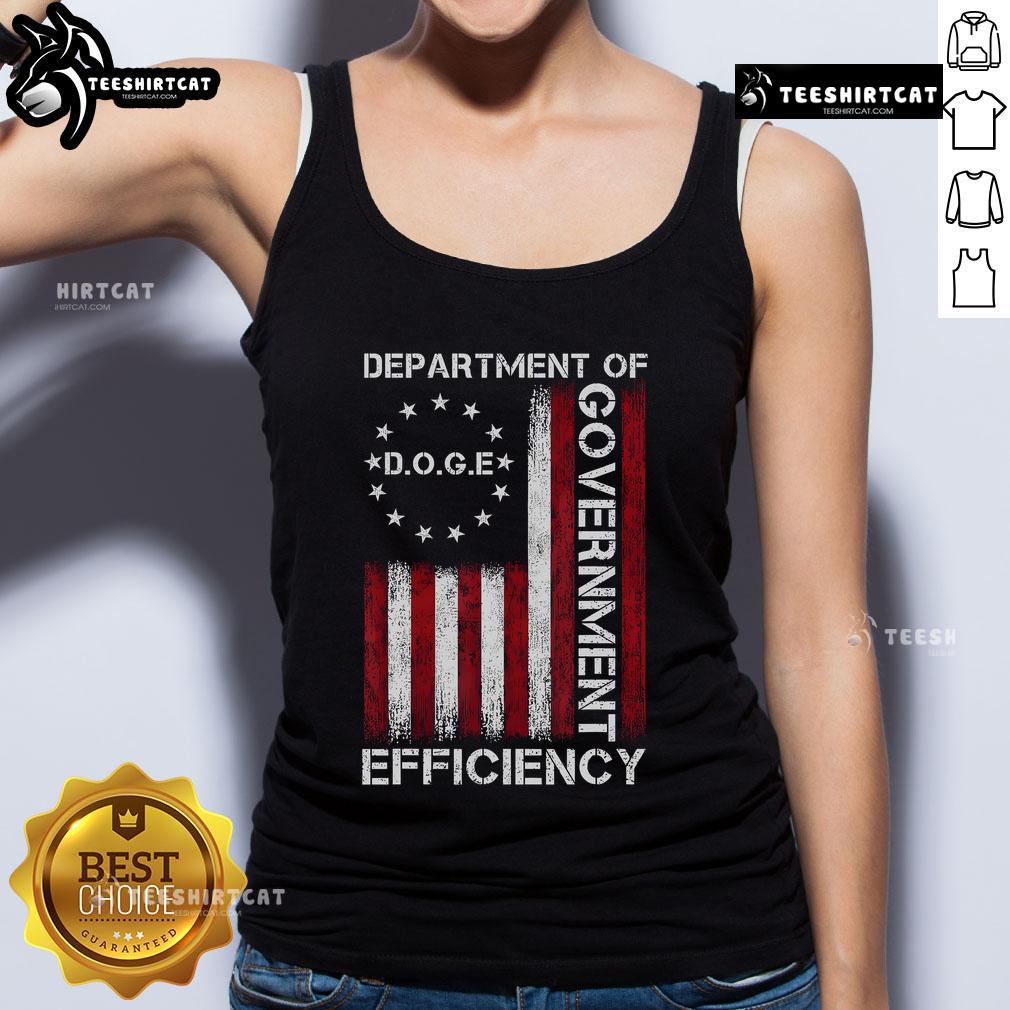 Official Doge DOGE Department of Government Efficiency flag tank top showcasing vibrant design and playful Doge graphics.