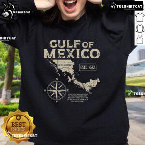1672 historic map of the Gulf of Mexico on a sweatshirt, showcasing detailed cartography and vintage design.