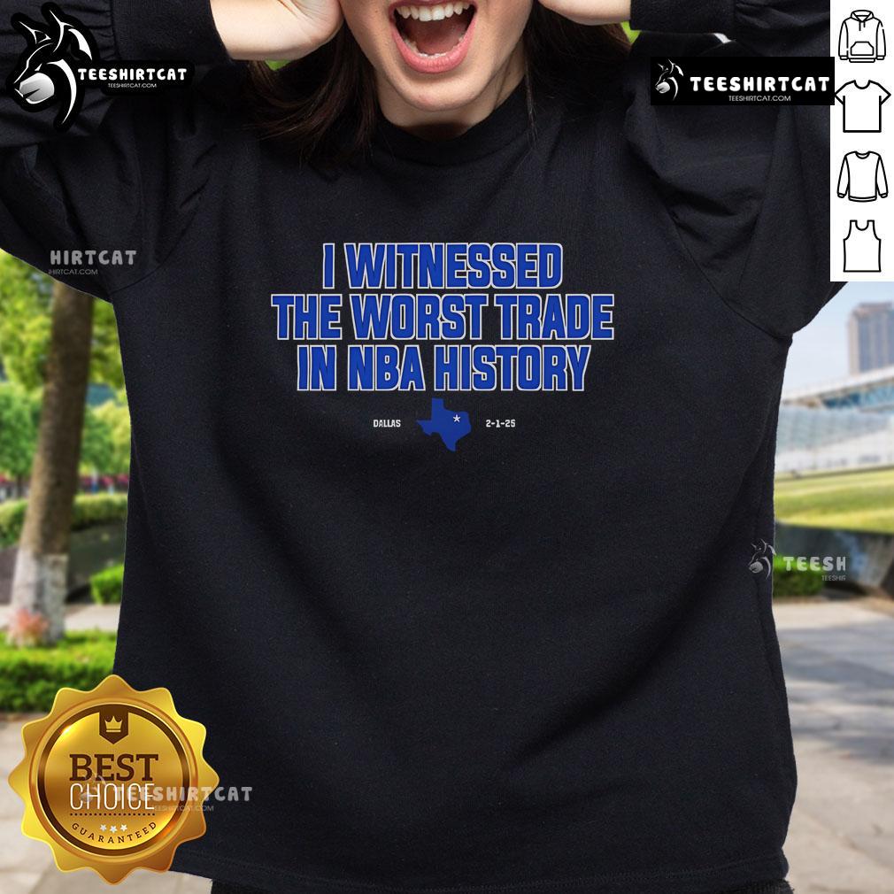 Official 'I Witnessed The Worst Trade in NBA History' Sweatshirt featuring bold text and a stylish design for fans.